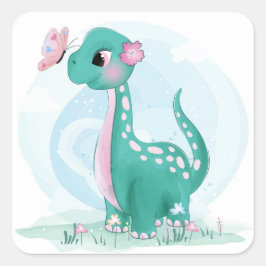 Niedliche Aquamarine Pink Dinosaur Butterfly Girl  Quadratischer Aufkleber