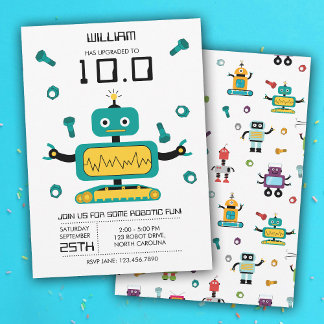 Niedliche Aquamarine Robot Theme Kids Roboter Gebu Einladung