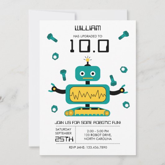 Niedliche Aquamarine Robot Theme Kids Roboter Gebu Einladung (Vorderseite)