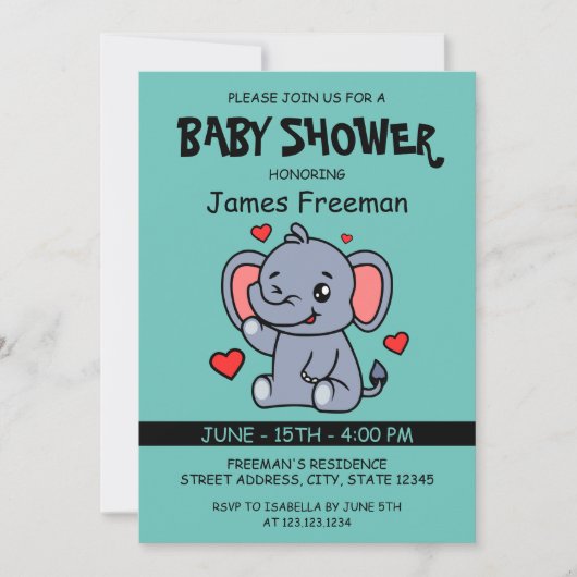 Niedliche Aquamarine Vector Boy Elephant Babydusch Einladung (Vorderseite)