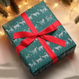 Niedliche Aquamarine Wasserfarbkatzen in Weihnacht Geschenkpapier