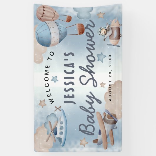 Niedliche Aquarell Aviation Blue Boy Babydusche Banner (Vertikal)