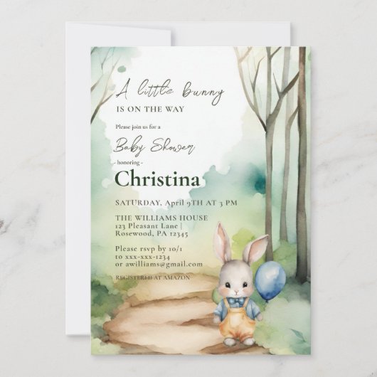 Niedliche Aquarell Bunny Baby Shower Boy Einladung (Vorderseite)