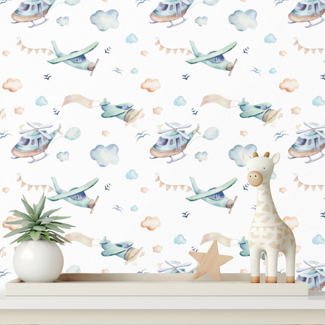 Niedliche Aquarell-Flugzeug Hubschrauber Wolken Bo Tapete (Von Creator hochgeladen)