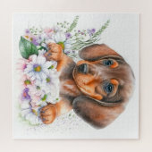 Niedliche Aquarellblume Dackel Welpenhund Puzzle (Horizontal)
