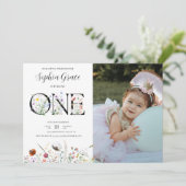 Niedliche Aquarellblume & Foto 1. Geburtstag Einladung (Stehend Vorderseite)