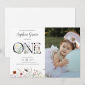 Niedliche Aquarellblume & Foto 1. Geburtstag Einladung (Vorne/Hinten)