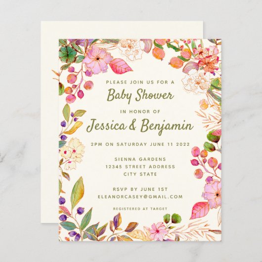 Niedliche Aquarellblütendusche Einladung (Vorne/Hinten)