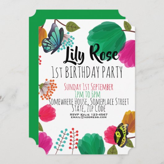 Niedliche Aquarellblütenschmetterlinge zum Geburts Einladung (Vorne/Hinten)