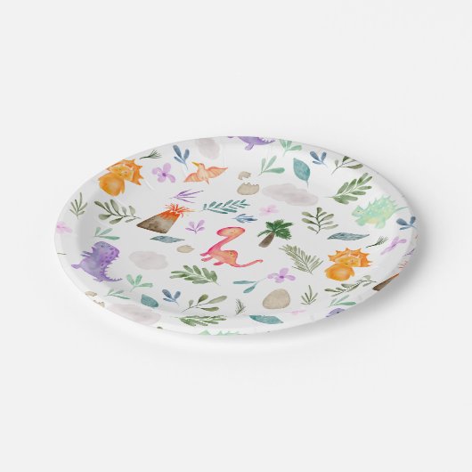 Niedliche Aquarelldinosaurier Grüne Babydusche Pappteller (Schrägansicht)