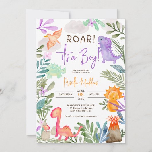 Niedliche Aquarelldinosaurier Grüne Kinderdusche Einladung (Vorderseite)