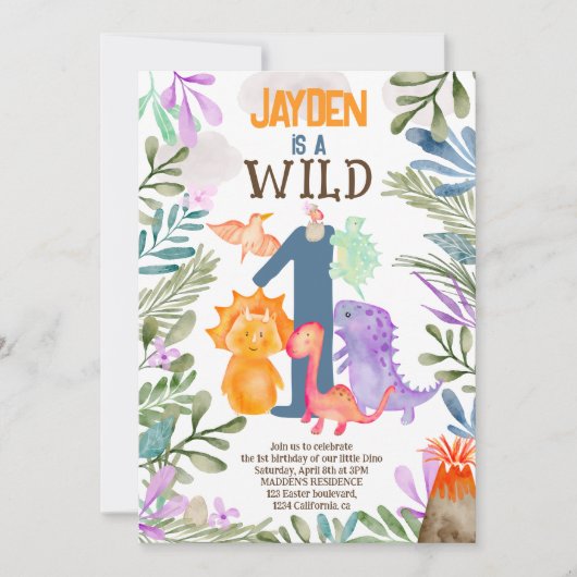 Niedliche Aquarelldinosaurier Grünpflanzen 1. Einladung (Vorderseite)