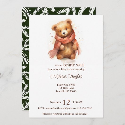 Niedliche Aquarelldusche Bear Baby Shooting Einladung (Vorne/Hinten)