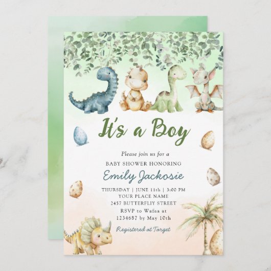 Niedliche Aquarelldusche Dinosaurier "It's a Boy" Einladung (Vorne/Hinten)