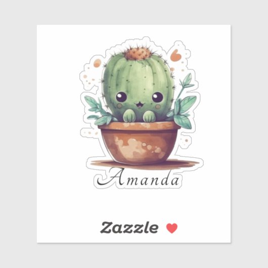 Niedliche Aquarellfarbe Grüne Kaktus Name Custom C Aufkleber (Blatt)