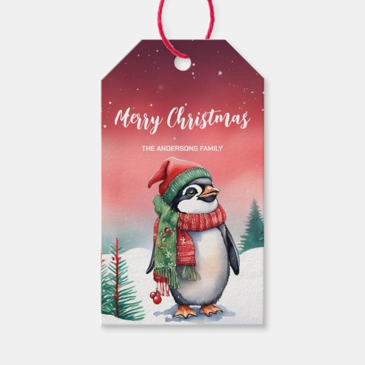 Niedliche Aquarellfarbe Penguin Weihnachten Party Geschenkanhänger (Vorderseite)