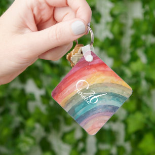 Niedliche Aquarellfarbe Personalisiert Regenbogen Schlüsselanhänger
