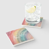 Niedliche Aquarellfarbe Personalisiert Regenbogen Steinuntersetzer (Seitenansicht)