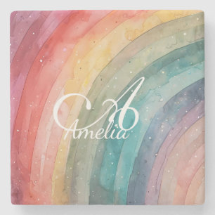 Niedliche Aquarellfarbe Personalisiert Regenbogen Steinuntersetzer