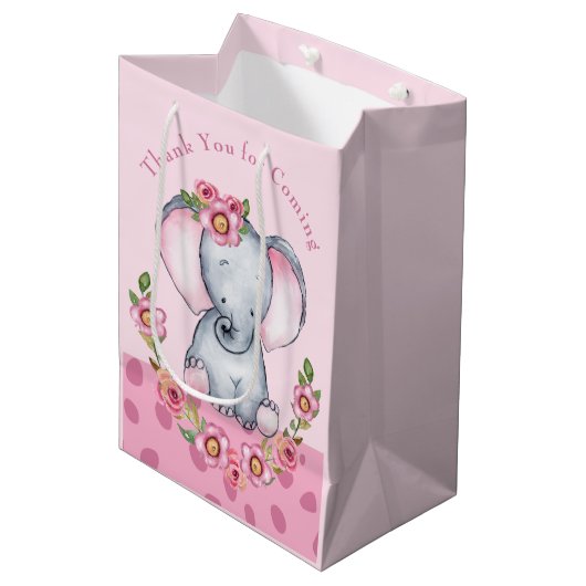 Niedliche Aquarellfarbe Rosa Blütenlephant Babydus Mittlere Geschenktüte (Vorderseite Schrägansicht)