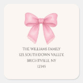 Niedliche Aquarellfarbe Rosa Bow Coquette Rücksend Quadratischer Aufkleber (Vorderseite)
