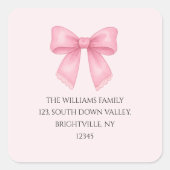 Niedliche Aquarellfarbe Rosa Bow Coquette Rücksend Quadratischer Aufkleber (Vorderseite)
