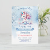 Niedliche Aquarellfarbe Rose Gold und Blau Einhorn Einladung (Stehend Vorderseite)