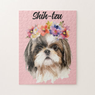 Niedliche Aquarellfarbe Shih-tzu Hund/Blume Puzzle
