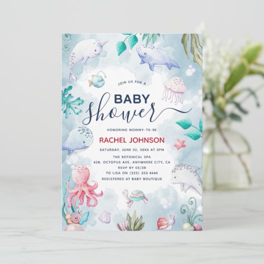 Niedliche Aquarellfarbe unter der Meerwasserdusche Einladung (Stehend Vorderseite)