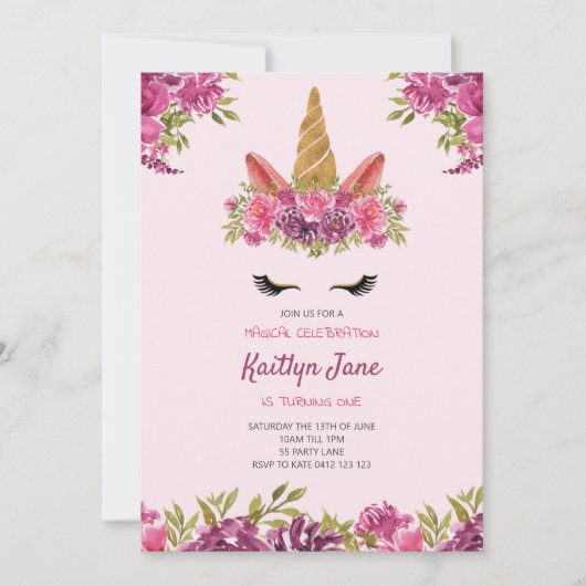 Niedliche Aquarellfarben Einhorn Rosa Einladung (Vorderseite)