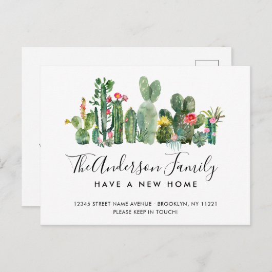 Niedliche Aquarellfarben-Kaktus - neue Zuhause-Bew Ankündigungspostkarte (Vorne/Hinten)