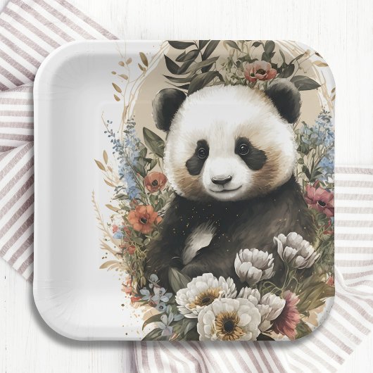 Niedliche Aquarellfarben-Wildblume Panda Bear Gebu Pappteller