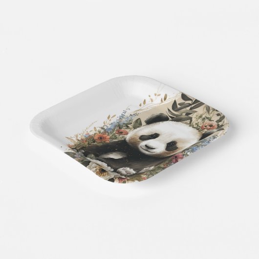 Niedliche Aquarellfarben-Wildblume Panda Bear Gebu Pappteller (Gewinkelt)