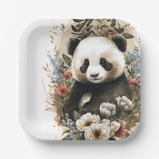 Niedliche Aquarellfarben-Wildblume Panda Bear Gebu Pappteller (Vorderseite)