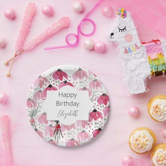 Niedliche Aquarellfarben-Wildblumen in rosa Farbtö Pappteller (Party)