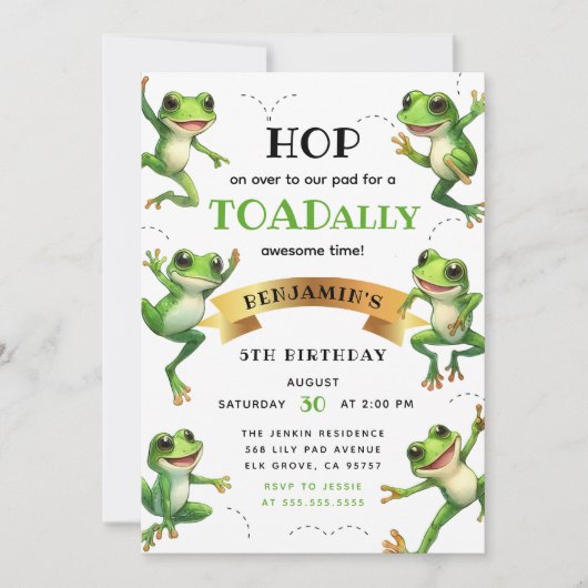 Niedliche Aquarellfrösche jagen über jeden Geburts Einladung (Vorderseite)