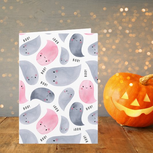 Niedliche Aquarellgeister mit Boo! TextHalloween Karte