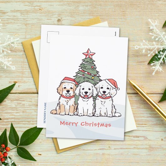 Niedliche Aquarellhunde mit Weihnachtsmannmützen W Feiertagspostkarte