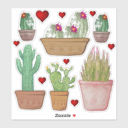 Niedliche Aquarellkaktus in Clay Pots Vinyl Aufkleber (Blatt)