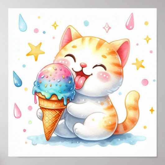 Niedliche Aquarellkatze Eating Ice Creme Whimsisti Poster (Vorne)