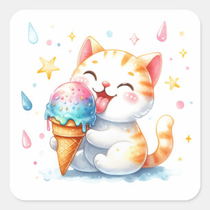 Niedliche Aquarellkatze Eating Ice Creme Whimsisti Quadratischer Aufkleber