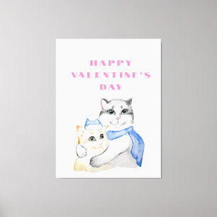 Niedliche Aquarellkatzen am Valentinstag Leinwanddruck
