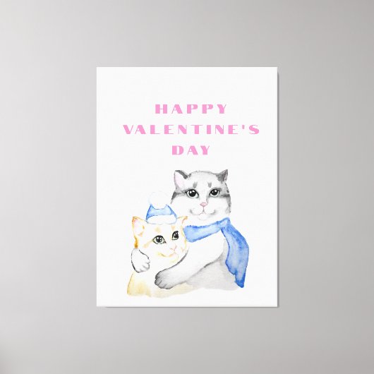 Niedliche Aquarellkatzen am Valentinstag Leinwanddruck (Vorderseite)