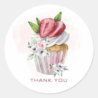Niedliche Aquarellkuchen, Erdbeere, Blumen Runder Aufkleber