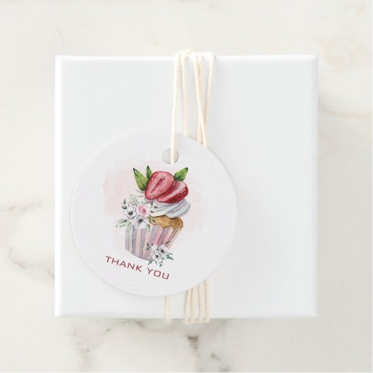 Niedliche Aquarellkuchen, Erdbeere, Blumendanken Geschenkanhänger (Beispiel)