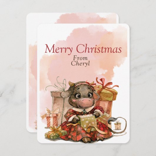 Niedliche Aquarellkuh Feiertagskarte (Vorne/Hinten)