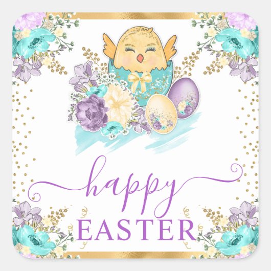 Niedliche Aquarellküken und Eier Ostern Quadratischer Aufkleber (Vorderseite)