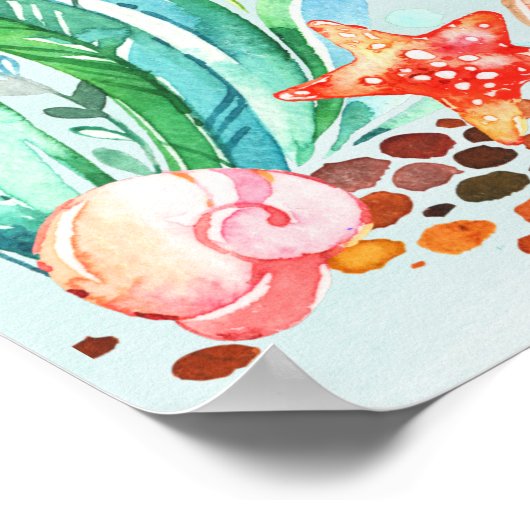 Niedliche Aquarellmaid unter der Meerwasserdusche Poster (Ecke)