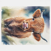 Niedliche Aquarellmalerei einer Hochlandkuh Fleecedecke (Vorderseite (Horizontal))