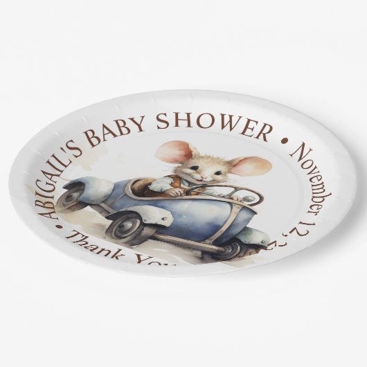 Niedliche Aquarellmäuse in Blue Car Babydusche Pappteller (Schrägansicht)